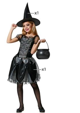 edles Mädchen Kostüm Hexe schwarz silber Kleid Hut 5-6 Jahre (Gr. S)