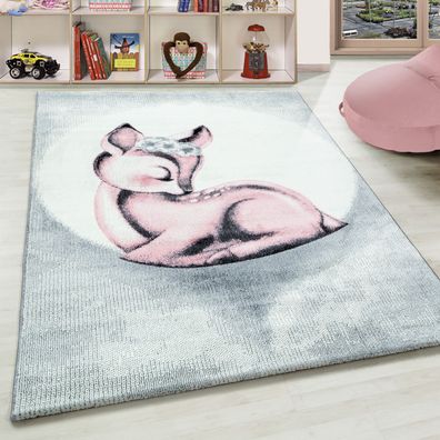 Kinderteppich Kinderzimmer Teppich Babyzimmer süßer Rehkitz Optik Grau Pink Weiß
