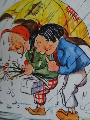 alte Hansa Grußkarte Wilhelm Busch Max und Moritz im Regen signiert RAR