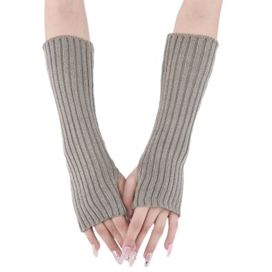 Womens Winter Warm Over Elbow Long Fingerless Thumb Hole Gloves Mittens Hellgrau
