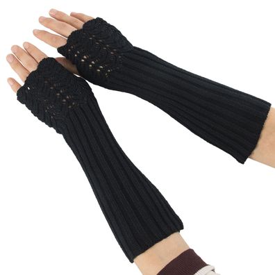 Women's Scale Design Winter Warm Gestrickt Lange Armstulpen Handschuhe Schwarz