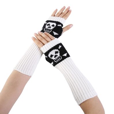 Gestrickte lange fingerlose Skelett-Handschuhe, Unisex Halloween Punk A Weiß