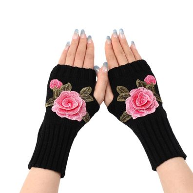 Winter Fingerlose Handschuhe Halber Finger Handschuh Schwarze + rosa Blume