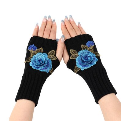 Winter Fingerlose Handschuhe Halber Finger Handschuh Schwarze + blaue Blume