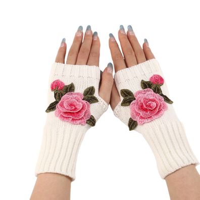 Winter Fingerlose Handschuhe Halber Finger Handschuh Weiße + rosa Blume