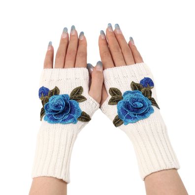 Winter Fingerlose Handschuhe Halber Finger Handschuh Weiße + blaue Blume