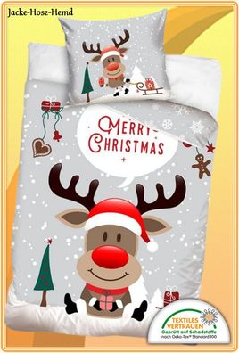 Flanell-Bettwäsche Weihnachten Christmas Rentier Schnee Baumwolle G: 135x200cm NEU