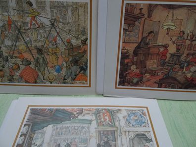 3 alte Anton Pieck Künstlerkarten Jorrit BV Schule Jahrmarkt in der Stadt