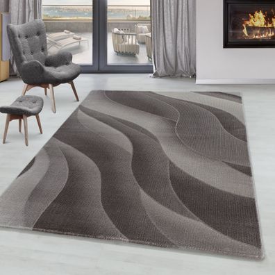 Wohnzimmerteppich Kurzflor Design Teppich 3-D Wellen Muster Soft Flor Braun