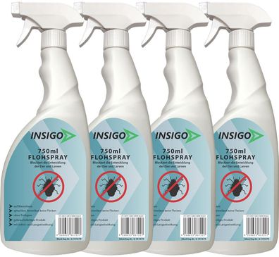INSIGO 4x750ml Anti Floh Bekämpfung Schutz Spray Mittel Befall gegen Flöhe Vernichter