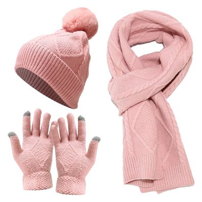 Mütze, Schal, Handschuhe, dreiteiliges Set, warme Isolierung, verdicktes Rosa