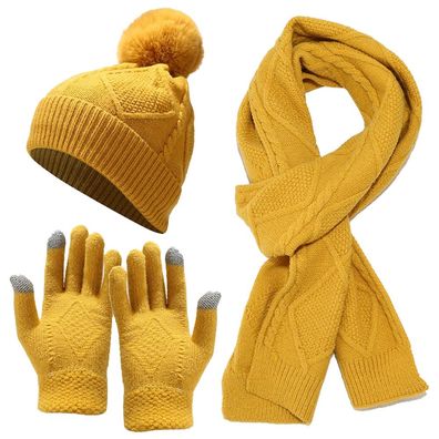 Mütze, Schal, Handschuhe, dreiteiliges Set, warme Isolierung, verdicktes Gelb