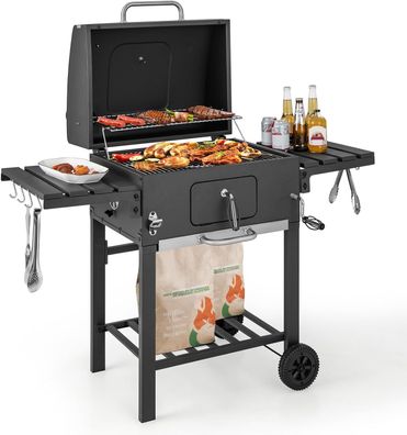 Holzkohlegrill mit Deckel, Grillwagen mit 2 klappbaren Beistelltischen, 8 Haken