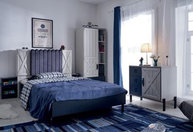 Luxus Modern Blau Schlafzimmer Set Bett Kommode Bücherregal Holz Neu 3tlg