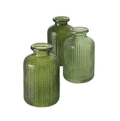 Glas Vase transparent grün 3er Set - 10 cm - Blumen Strauß Tisch Deko Flasche