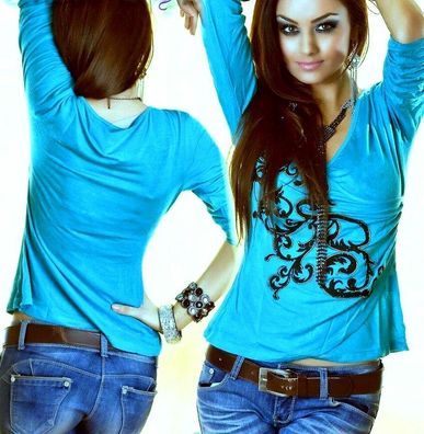 Damen MiSS V Shirt Wickel Look Top Tribal Print blau schw gold S/ M 34/36