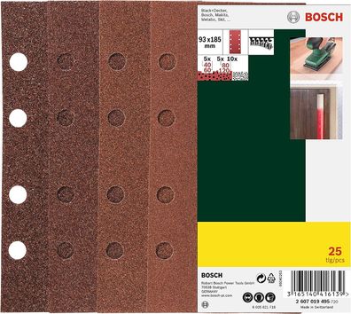 Bosch Schleifblatt Set 25 Stück 93 x 185 mm, 60/80/120/240, 8 Löcher mit Klett
