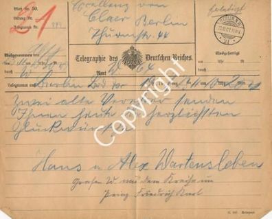 Autogramm Alex Wartensleben - Telegraphie 1907 an General Claer MA1