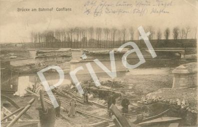 Foto PK WK I zerstörte Brücke Seine Conflans France gelaufen Feldpost A1.17