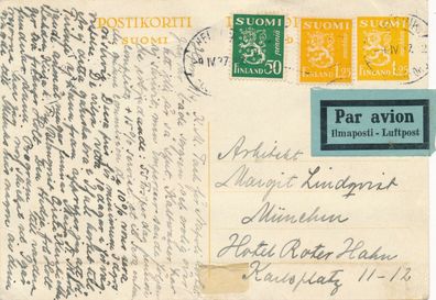 Brief PK Briefmarken Suomi Finnland München 1937 Stamp