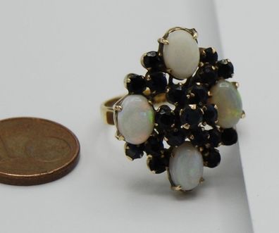 Antik Ring Voll Opal Saphir Blüte 750 Gold