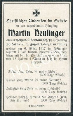 Foto WK1 Sterbebild gefallener deutscher Soldat Martin Neulinger C1.47