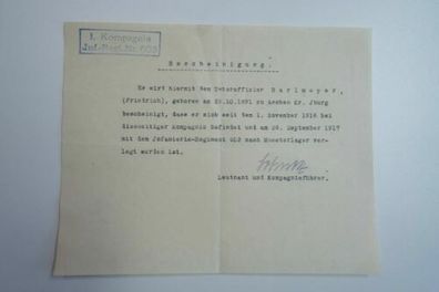 Paar Dokumente Bescheinigung 1. Kompanie Inf. Reg. Unterschrift Hauptmann O2.74