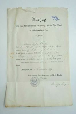 Dokument Auszug Kirchenbuch evang. Divi Blasii Mühlhausen 1897 signiert O2.38