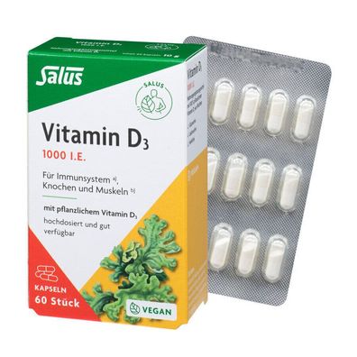 Salus Vitamin D3 1000 vegan Vital Kapseln, 60 Kps (10g) - Immun, Knochen, Muskel