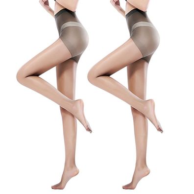 2er-Pack sexy glänzende, transparente Control-Strumpfhosen mit Fuß für Damen in Grau