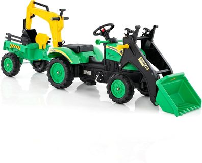 Trettraktor, Kinder Traktor mit Abnehmbarer Anhänger & Grabschaufel, Baggerlader