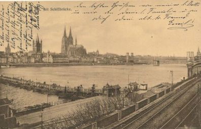 Köln Postkarte Litho von 1910 Rhein mit Schiffbrücke X58