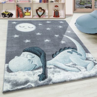 Kinderteppich Kinderzimmer Teppich süßer Dino Muster Grau Blau Weiß