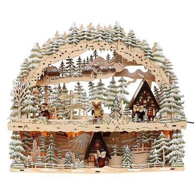 3D HOLZ-SCHWIBBOGEN „Winterspaß“ mit Eulenfiguren Lichterbogen Weihnachten