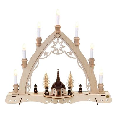 3D HOLZ-SCHWIBBOGEN Ecke „Seiffener Kirche“ mit Kurrende Lichterbogen 7-flammig