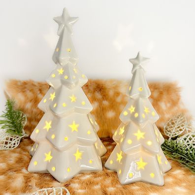 Beleuchteter Porzellan-Baum weiß glänzend Sterne Dekobaum Batterie enthalten