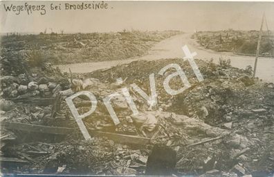 Foto PK WK I Wegkreuz Broodseinde Reste der Schlacht Belgien Flandern F1.55