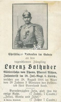 Foto WK I Sterbebild deutscher gefallener Soldat Lorenz Balhuber &dagger;1916 E1.59