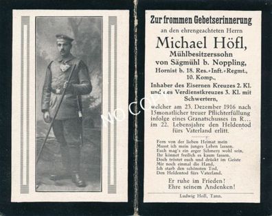 Foto WK I Sterbebild gefallener Soldat Michael Höfl &dagger;1916 Vaterland EK 2 E1.48