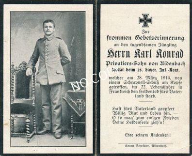 Foto WK I Sterbebild gefallener Soldat Karl Konrad &dagger;1916 Frankreich E1.41