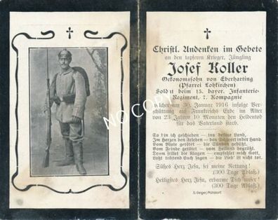 Foto WK I Sterbebild gefallener Soldat Josef Koller &dagger;1916 Frankreich E1.41