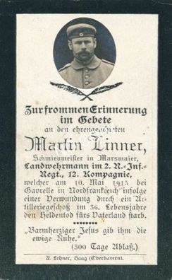 Foto WK1 Sterbebild gefallener deutscher Soldat Martin Linner E1.27