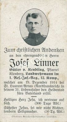 Foto WK1 Sterbebild gefallener deutscher Soldat Josef Linner E1.24
