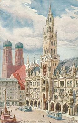 Foto PK Stadtansicht München - Marienplatz Rathaus & Frauenkirche 1912 E1.65