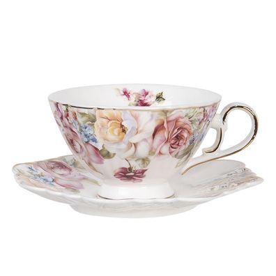 Clayre & Eef Tasse mit Untertasse 200 ml Weiß Rosa Porzellan Rund Blumen