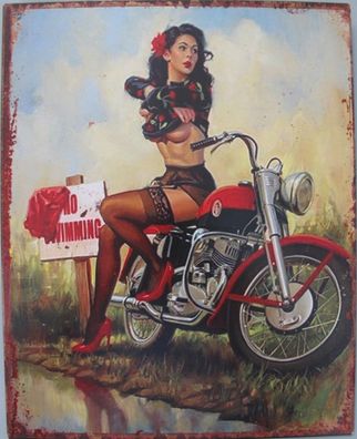 Blechschild, Reklameschild No Swimming Pin Up Girl Biker Wandschild 25x20 cm