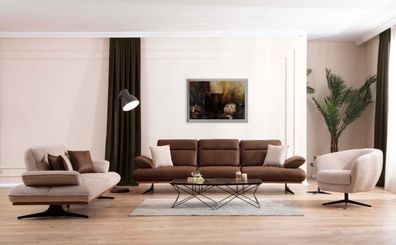 Sofagarnitur 4 + 3 + 1 Sitzer Wohnzimmer Set Komplett Textil Sofa Sessel Holz Neu