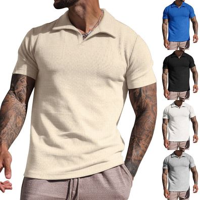 Sommer Herren Poloshirt Freizeit Waffelmuster Hemd V-Neck Polo Kurzarm T-shirt M-3XL
