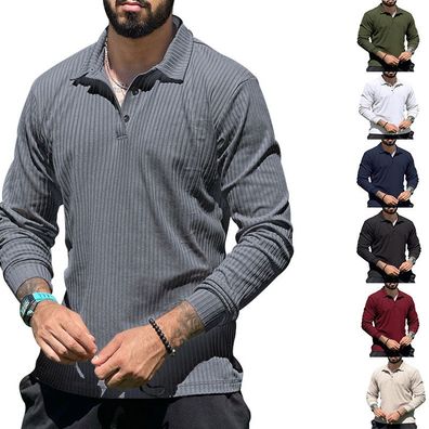 Herren Langarm Hemd V Lapel Polo Shirt Streifen Sweatshirt S-3XL Herbst Unterhemd
