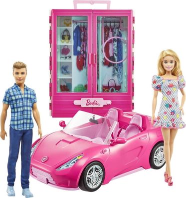 Barbie Puppen im Cabrio Spielzeugset mit Kleiderschrank und Auto mit Barbie Ken